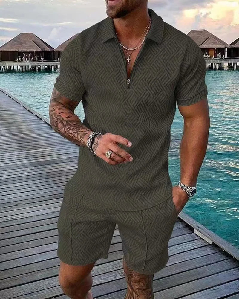 2022 New Summer Men's Shorts Set Short Sleeve Zip Polo Shirt Street