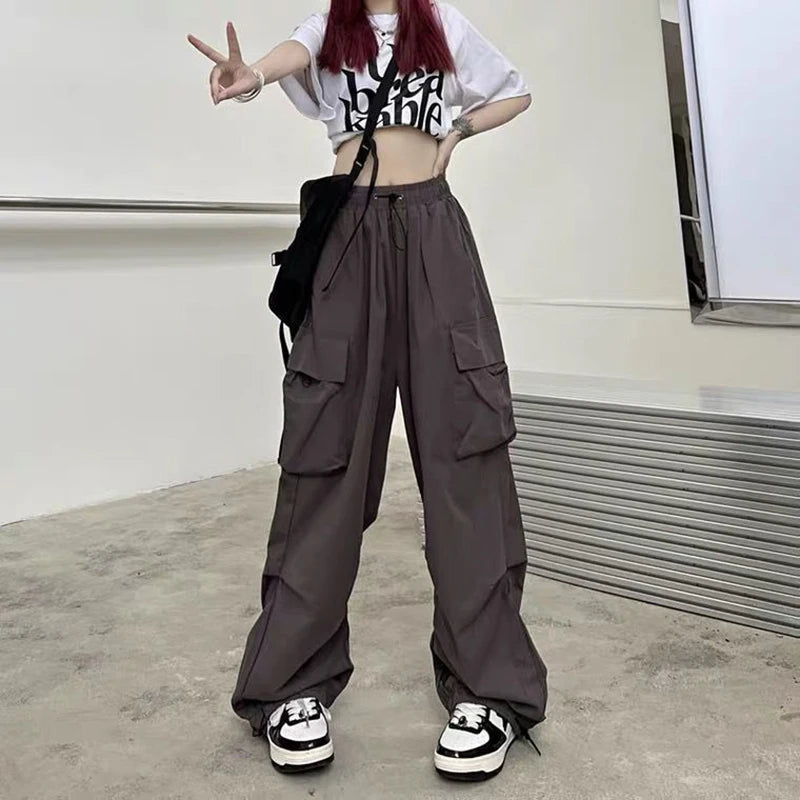 Wide-Leg Large Pockets Drawstring Work Pants High Street Casual Sports Pants