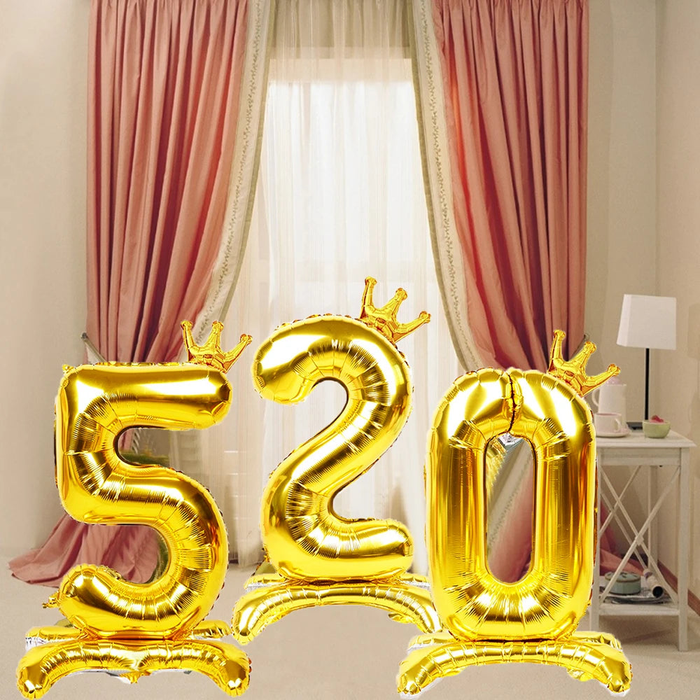 32 Inch Gold Number Stand Foil Balloons with Crown Digital Figures Globos 0-9 Birthday Party